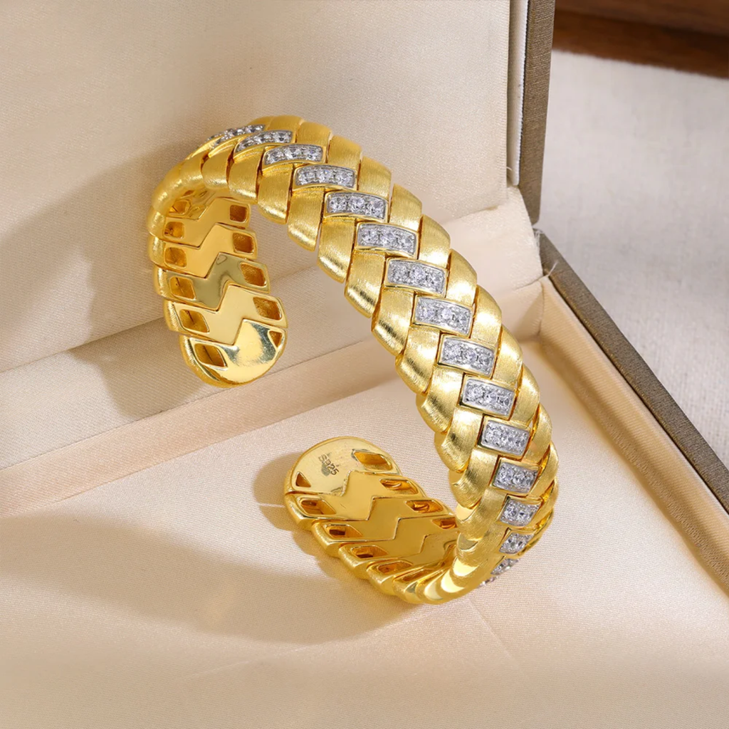 Wholesale S925 Silver Gold Plated Vintage Open Cuff Bracelet Italian Brushed Craft Zircon Inlaid Textured Heavy Duty Luxury