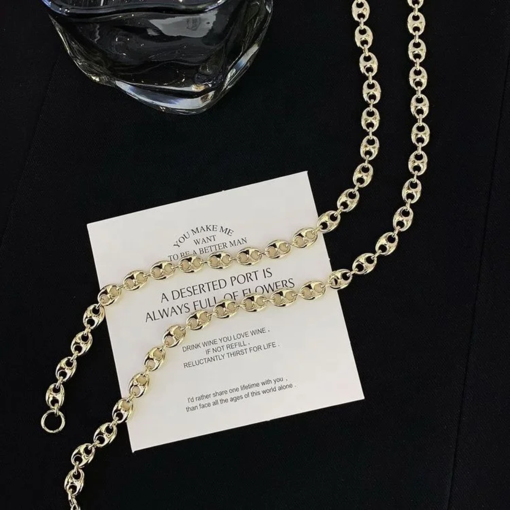 RUYI 14K Solid Gold Hip Pop Vintage Jewelery Coffee Bean Pig Nose Mariner Link Chain Necklace for Women Men Hot Seling