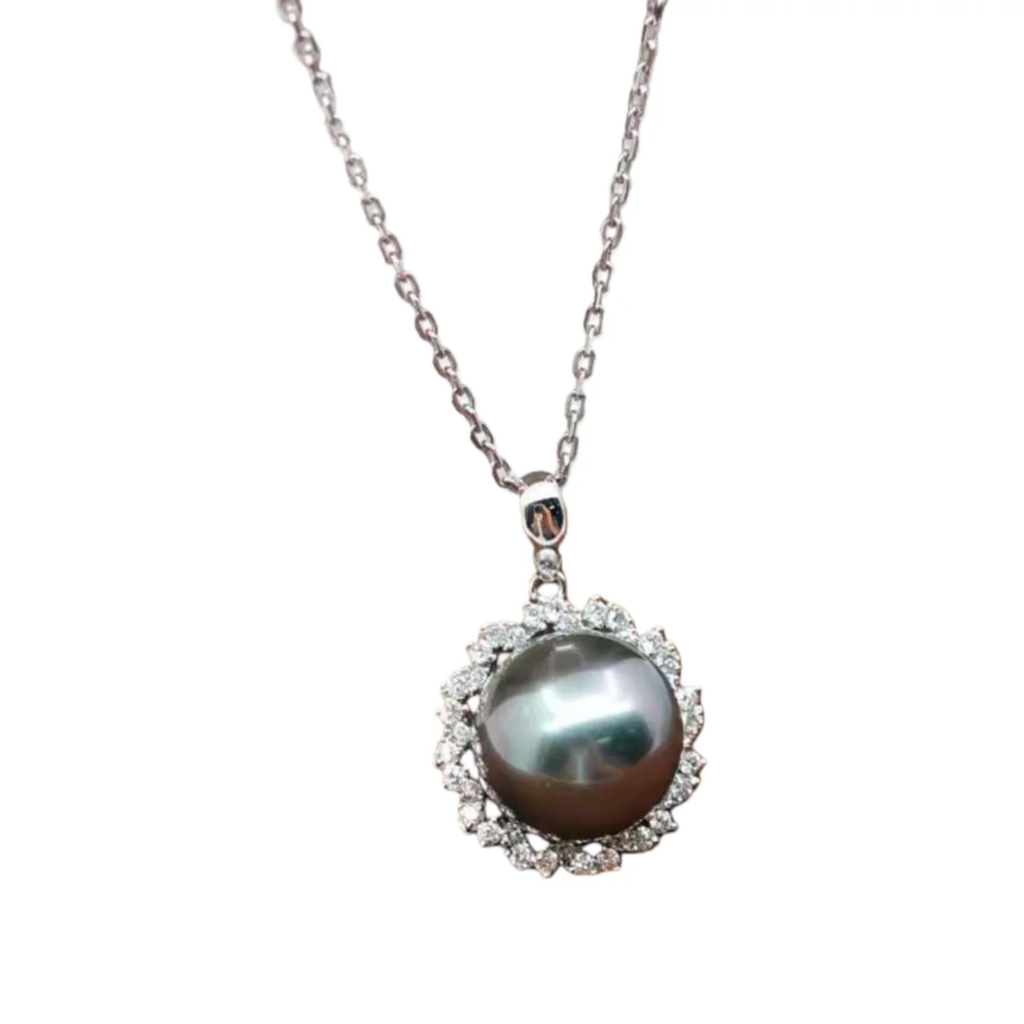 UM Jewelery 18K Solid Gold Necklace Natural Tahitian Black Pearl Diamond Engagement Wedding Unisex/Men/Women Anniversary Daily